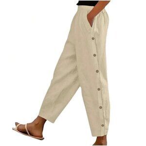 Shein Cropped Pull-On Pants Size S Side Buttons Beige Cotton Women's Boho Casual